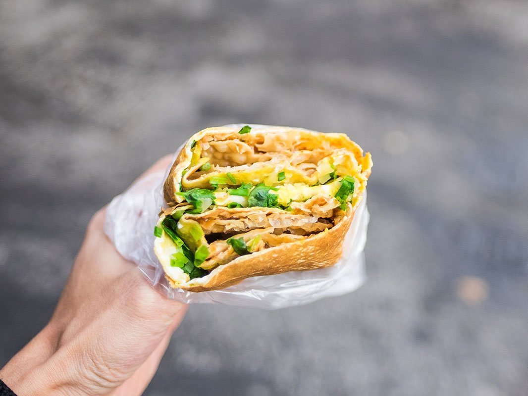 Jianbing Asian Crepe Scallions Being Spread
