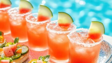 Watermelon Margaritas On The Rocks And Mini Baguette Bruschetta With Summer Vegetables And Cheese, Elegantly Arranged On A Tray Beside A Sparkling Blue Swimming Pool.