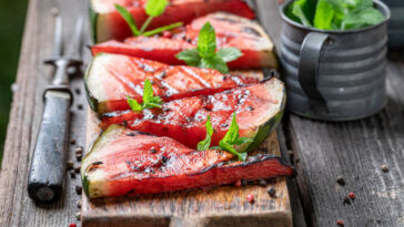 Sweet Burned Watermelon With Red Pepper And Mint.