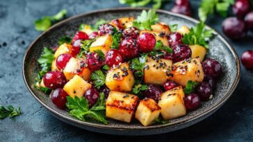 Grilled Halloumi, Grape, And Parsley Salad On Dark Plate