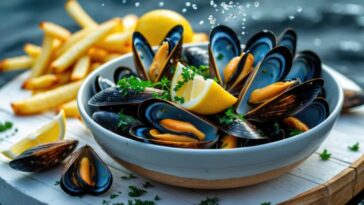Freshly Prepared Mussels With Lemon And Parsley Served With Crispy Fries On A Wooden Platter With Water Background And Copy Space