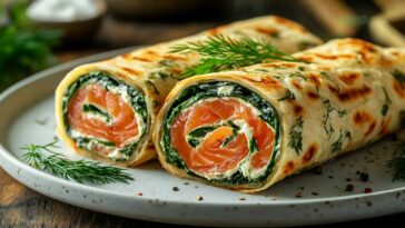 A Luxurious Smoked Salmon Wrap, Rolled Tightly With Herb Cream Cheese And Baby Spinach, Served On A White Ceramic Plate With A Sprig Of Fresh Dill, Artistic Composition, Soft Bokeh Background,