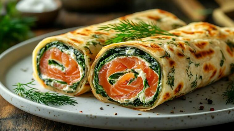 A Luxurious Smoked Salmon Wrap, Rolled Tightly With Herb Cream Cheese And Baby Spinach, Served On A White Ceramic Plate With A Sprig Of Fresh Dill, Artistic Composition, Soft Bokeh Background,