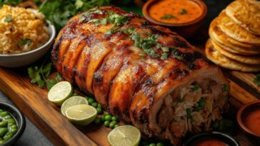 Whole Lechona With Crispy Skin And Traditional Sides On Rustic Serving Tray