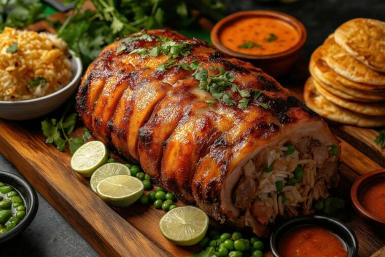 Whole Lechona With Crispy Skin And Traditional Sides On Rustic Serving Tray