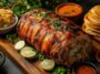 Whole Lechona With Crispy Skin And Traditional Sides On Rustic Serving Tray