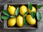 Directly Above Photo Of Organic Lemons With Leaves On Wooden Board In A Box