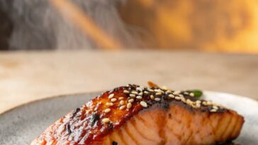 Glazed Salmon Fillet Topped With Sesame Seeds, Served On A Rustic Ceramic Plate With A Warm, Golden Background.