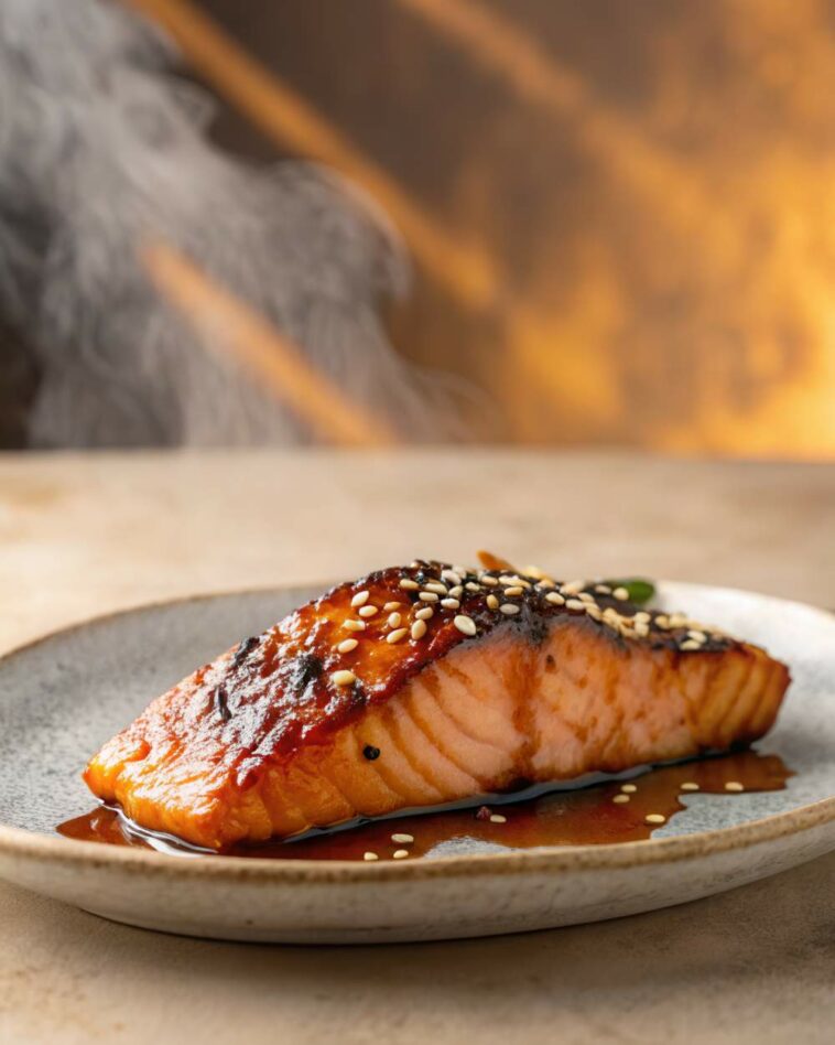 Glazed Salmon Fillet Topped With Sesame Seeds, Served On A Rustic Ceramic Plate With A Warm, Golden Background.