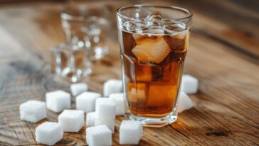 Soft Drink Glass Next To Sugar Cubes Arranged To Depict The Sugar Content, Emphasizing The Amount Of Sugar In The Beverage